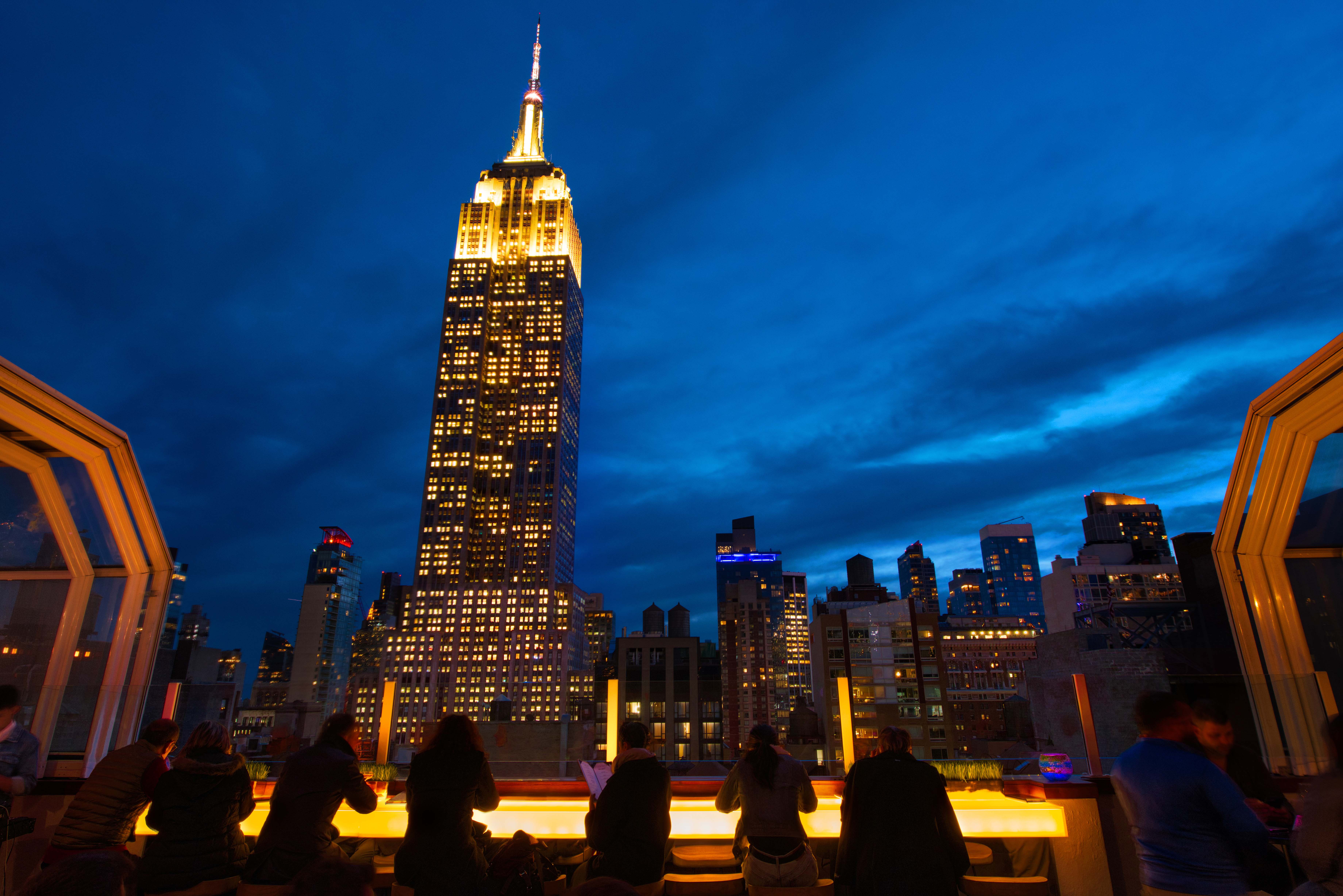 The Empire State Building in New York City lit up at night